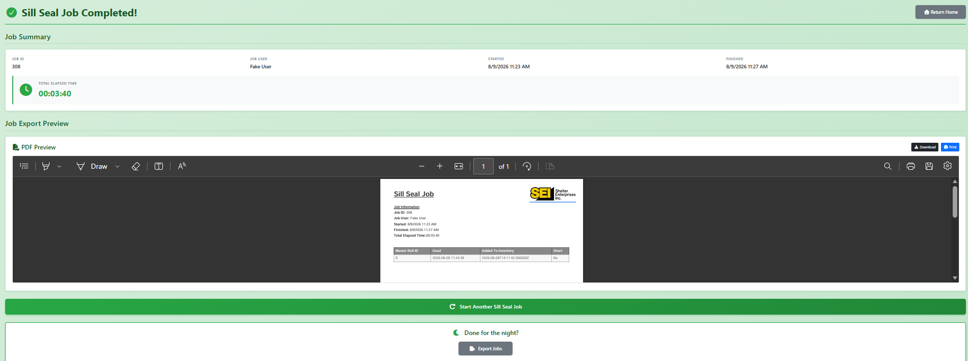 Completed Sill Seal Job Summary Screen